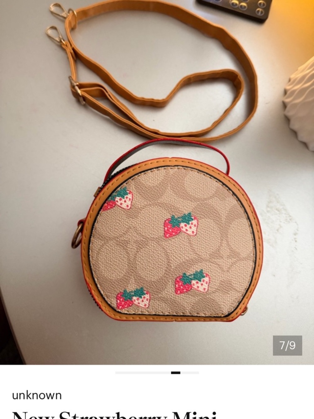 Kids Mini Round Strawberries Crossbody Bag - Beige